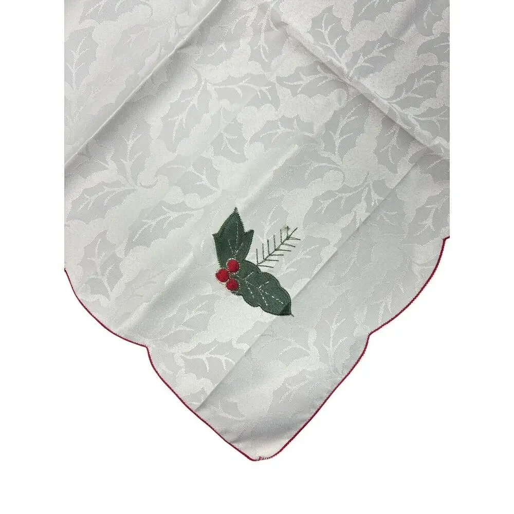 Vintage Christmas Holiday Green Cream Holly Floral Jacquard Table Runner+Napkins